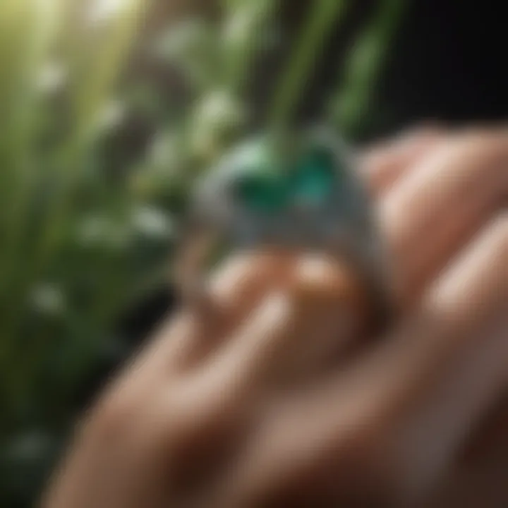 An exquisite emerald ring surrounded by delicate floral accents.