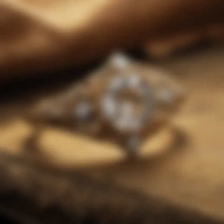 Close-up of a vintage gold Victorian engagement ring on a velvet surface