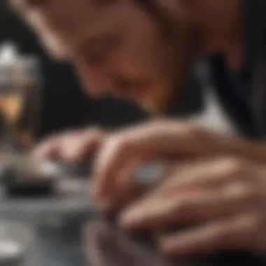 Professional jeweler inspecting and polishing a white gold ring