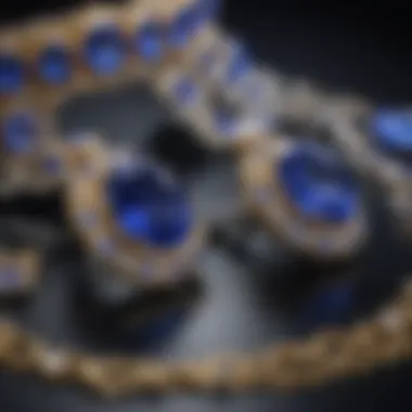 A visually striking display of man-made tanzanite in artistic jewelry designs.