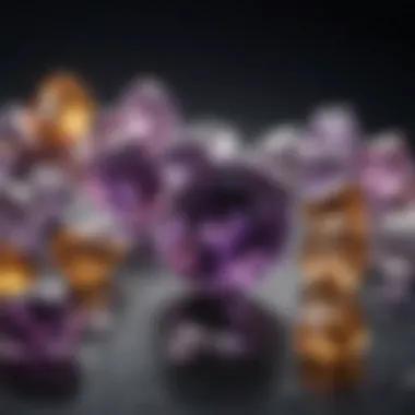 A beautifully arranged display of various amethyst gemstones.