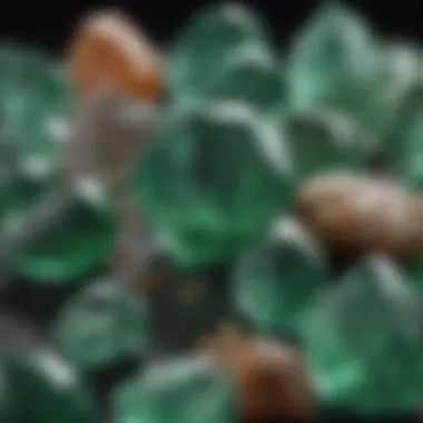 A close-up of various green healing crystals arranged artistically