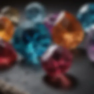 A detailed close-up of various gemstones showcasing their colors and clarity