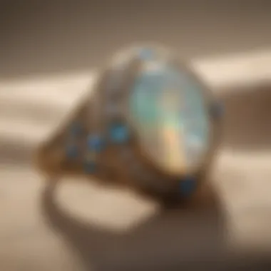 An elegant opal ring displayed on a luxurious fabric background