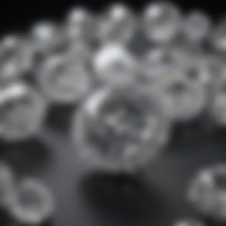 A sophisticated jewelry display featuring various near colorless diamonds in different settings.