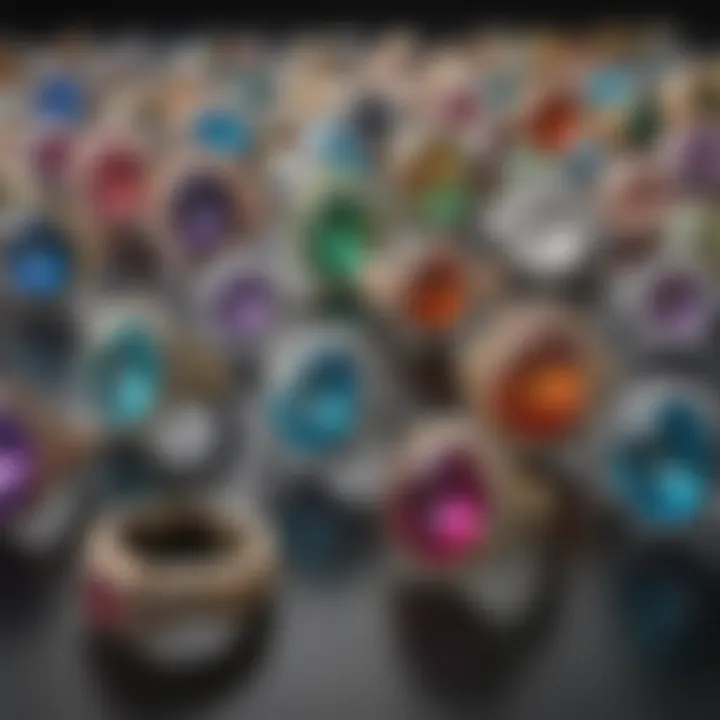 Elegant arrangement of various gemstone rings showcasing diverse styles and colors.