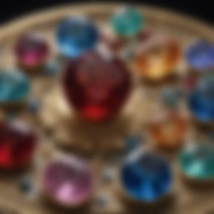 A decorative arrangement of various December birthstones, illustrating cultural diversity and meanings.