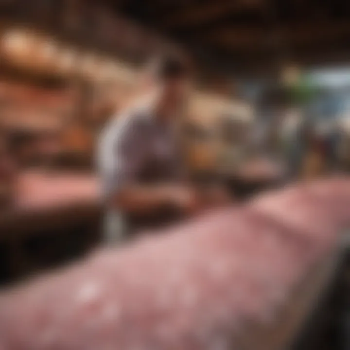 A market scene featuring a vendor showcasing rose quartz to customers, illustrating the buying process