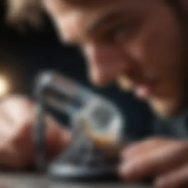 A gemstone expert analyzing a stone under a microscope.