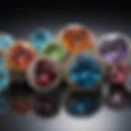Close-up view of various gemstones used in jewelry, showcasing their brilliance and color variations.