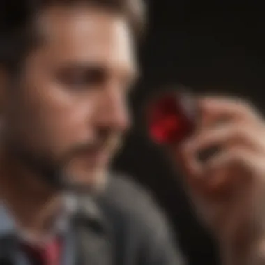 A professional gemologist examining a pigeon blood ruby with a loupe