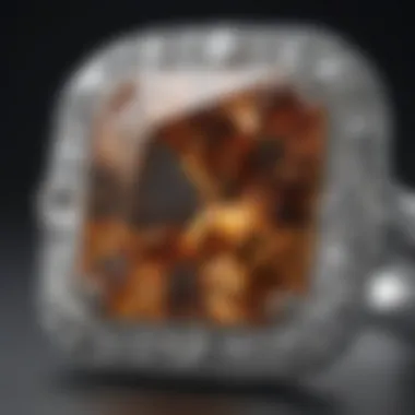 Close-up view of a radiant cut diamond in a halo setting showcasing its brilliance