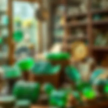 A vintage shop filled with various gemstones, including malachite.