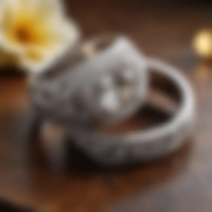 Close-up view of a wedding ring set on a wooden countertop