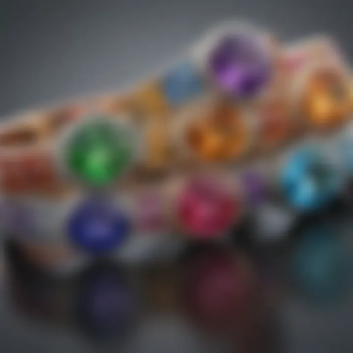 Close-up of a unique wrap around band featuring colorful gemstones.